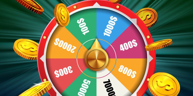 Wheel of fortune with flying golden coins. Casino business advertising design. For posters, banners, leaflets and brochures.